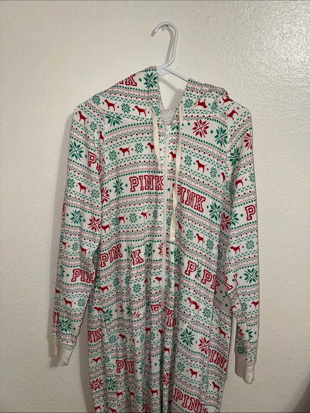 PINK Victoria's Secret Holiday Hooded Pajama Onesie - Red & Green
